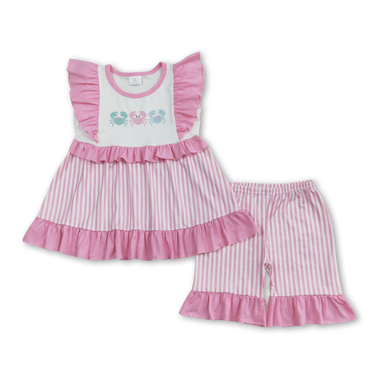 Flutter sleeves crab pink stripe girls summer clothes