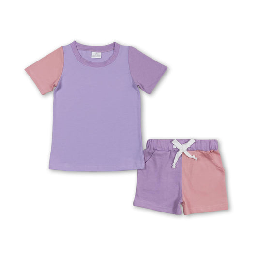 Short sleeves lavender pink patchwork girls summer clothes