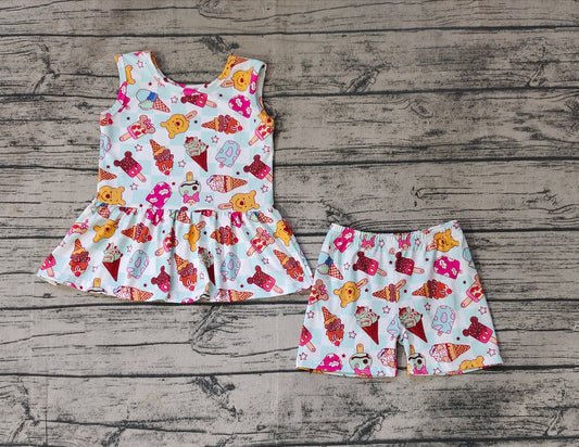 Sleeveless bear ice cream peplum shorts kids girls clothes