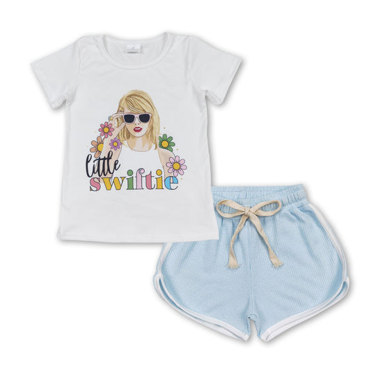 White floral top light blue shorts singer girls clothes