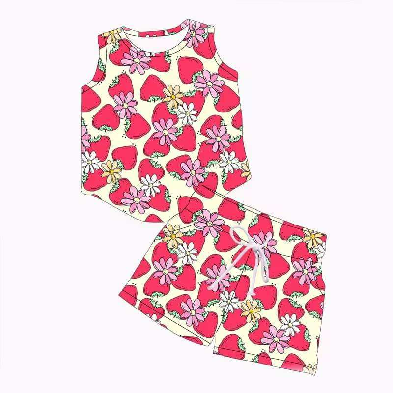 Sleeveless floral strawberry baby girls clothing set