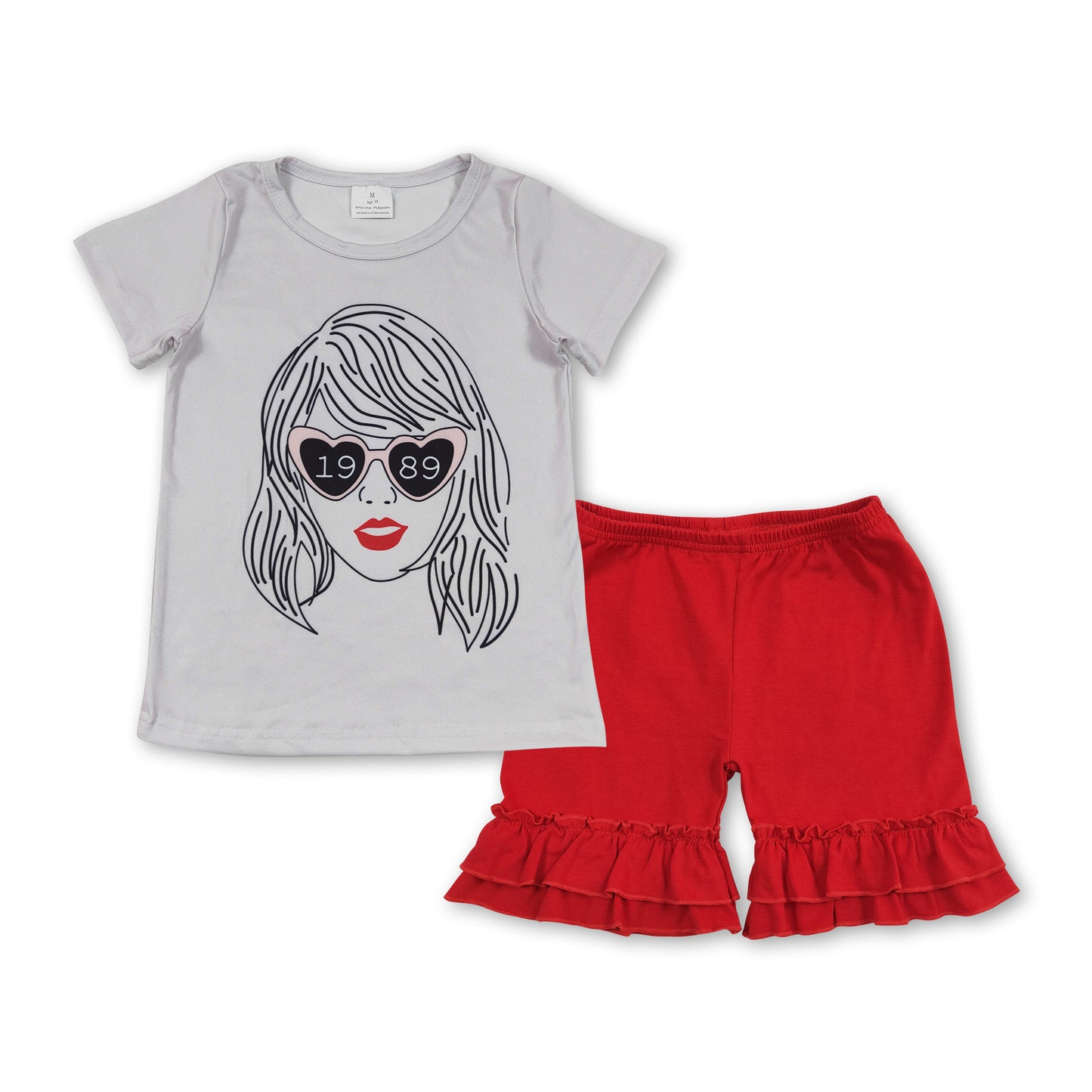 Grey glasses top red ruffle shorts singer girls clothing