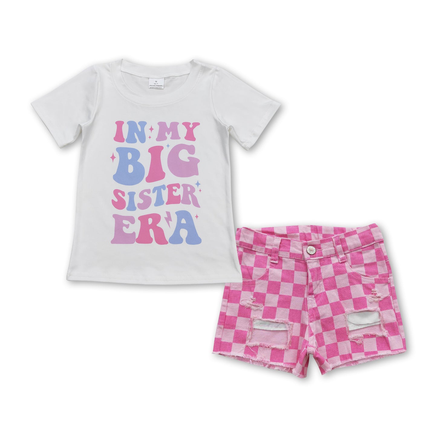 Big sister top pink plaid denim shorts singer girls set