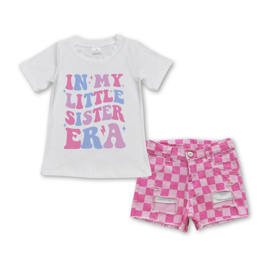 Little sister top pink plaid denim shorts singer girls set