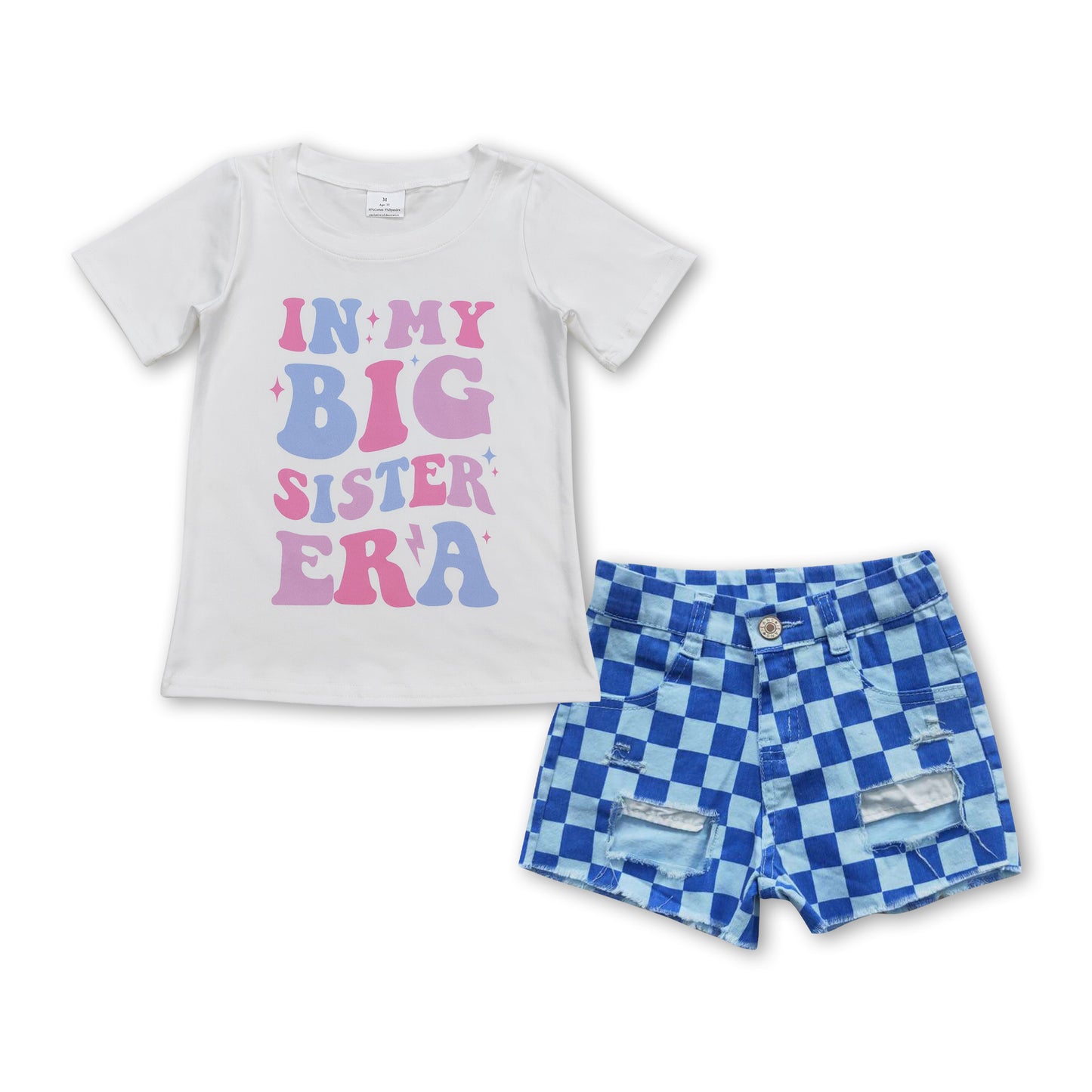 Big sister top blue plaid denim shorts singer girls set