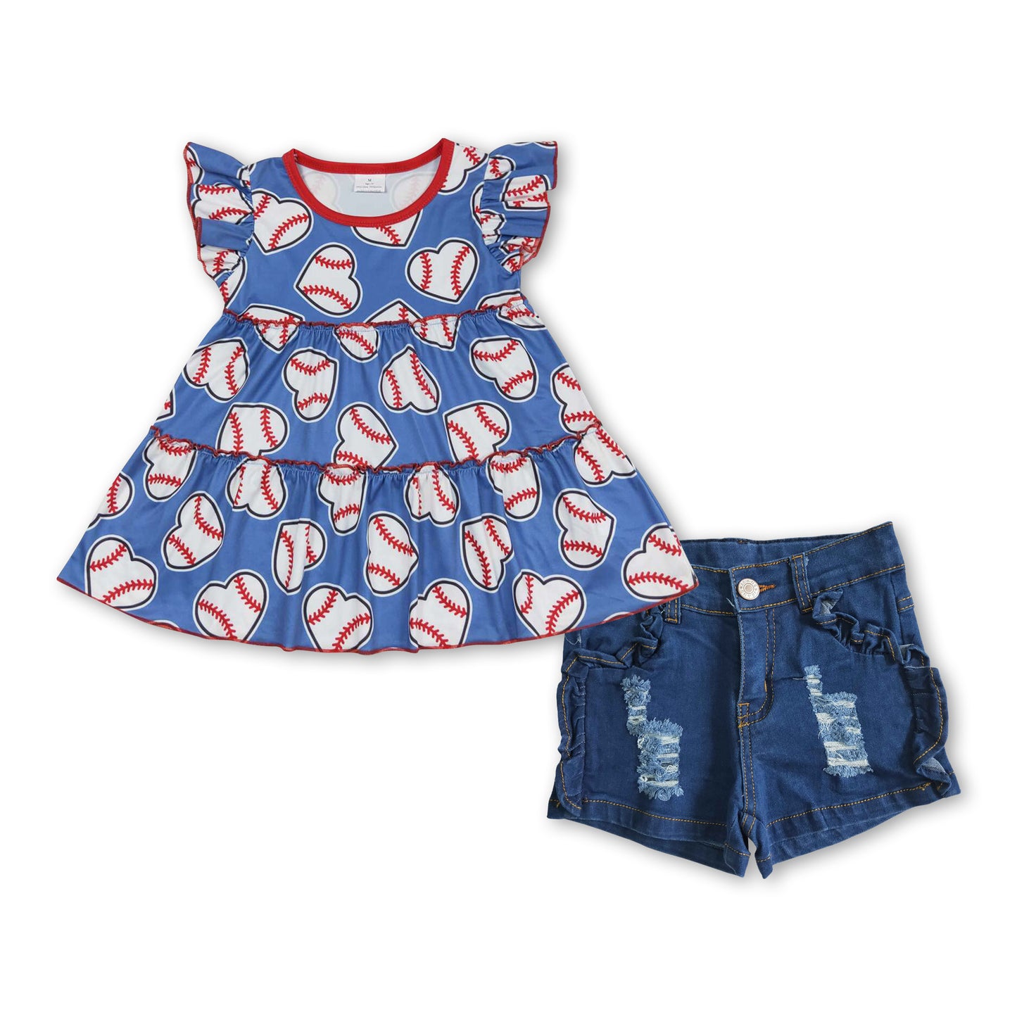 Heart baseball tunic denim shorts kids girls clothing