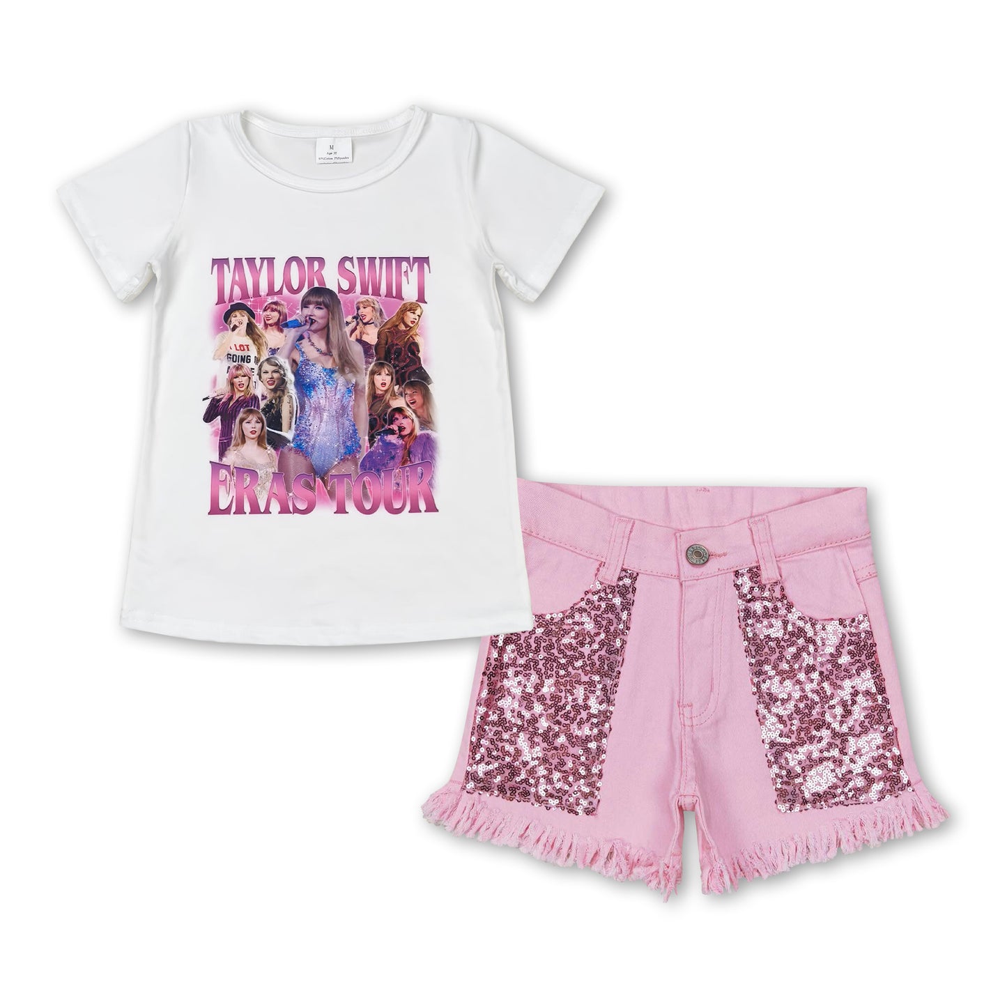 Short sleeves top pink sequin denim shorts singer girls set