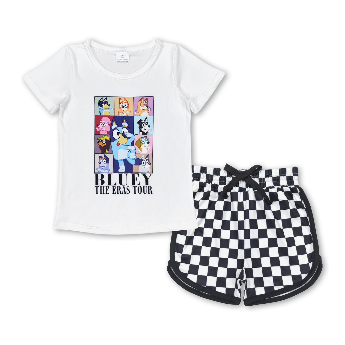 White dog top plaid shorts singer girls clothing set