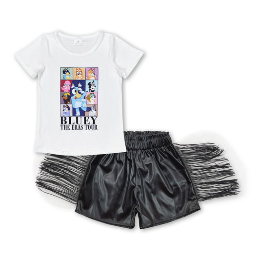 White dog top black tassels leather shorts singer girls set