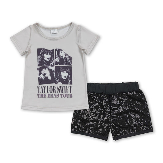 Grey top black sequin shorts singer girls clothes