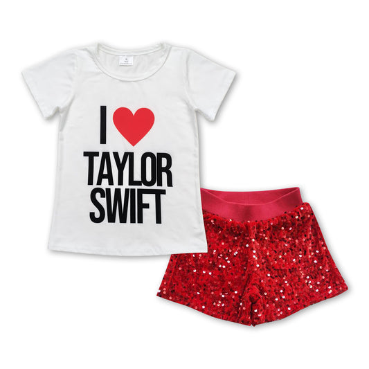 White I love singer top red sequin shorts girls clothes