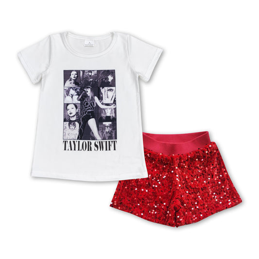 White top red sequin shorts singer girls clothes