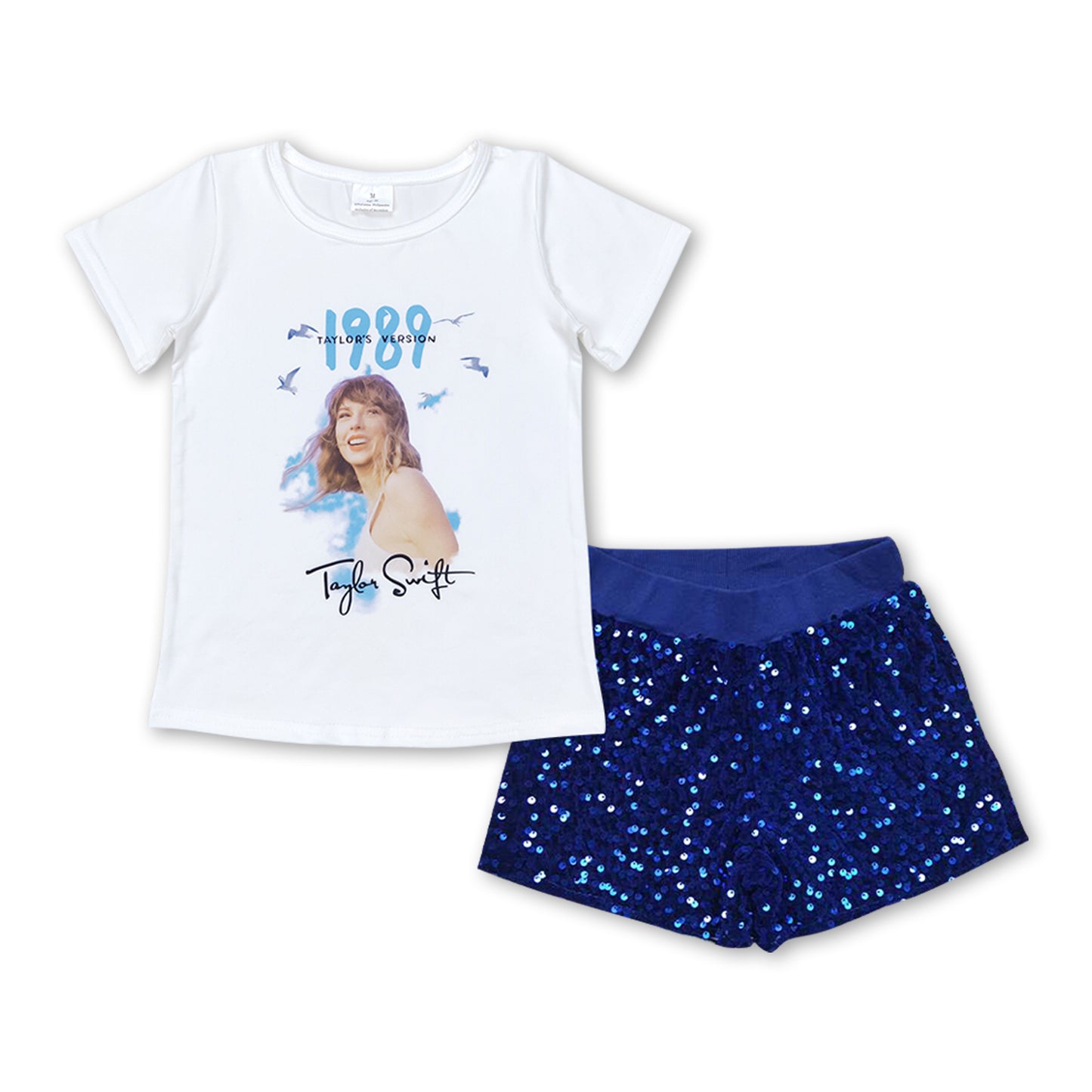 White top blue sequin shorts singer girls clothes