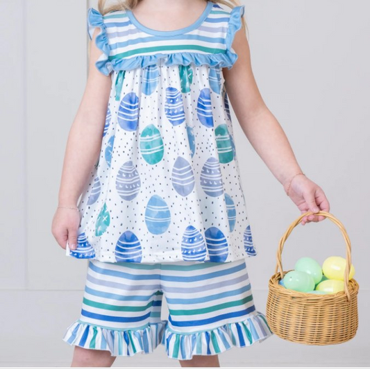 Blue stripe eggs tunic ruffle shorts girls Easter outfits