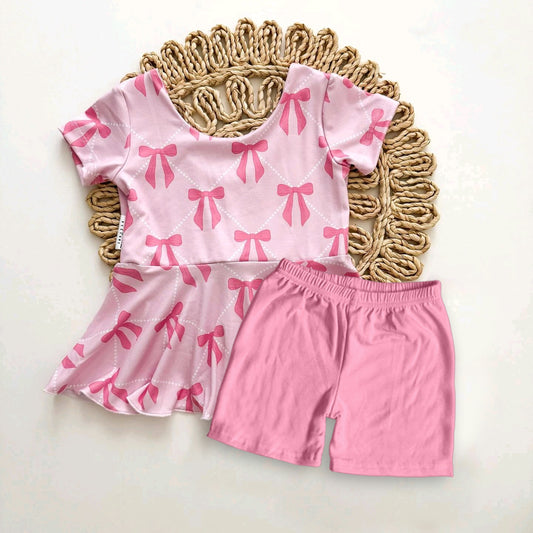 Short sleeves pink bow peplum shorts girls clothing