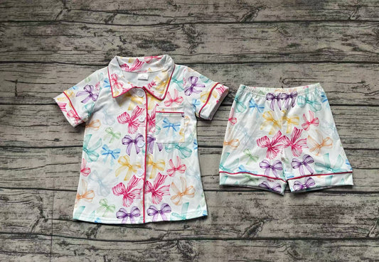 Short sleeves multi color bow kids girls button down pajamas