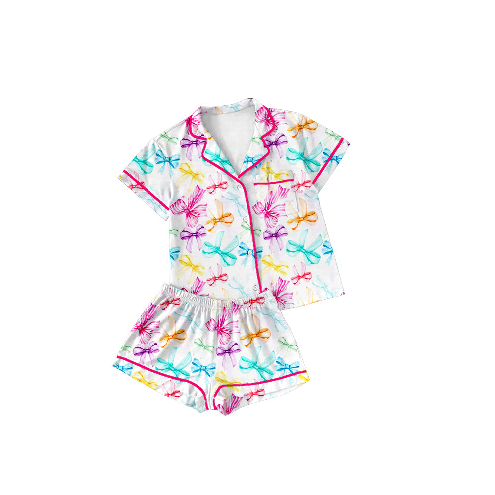 Short sleeves colorful bows adult women button down pajamas