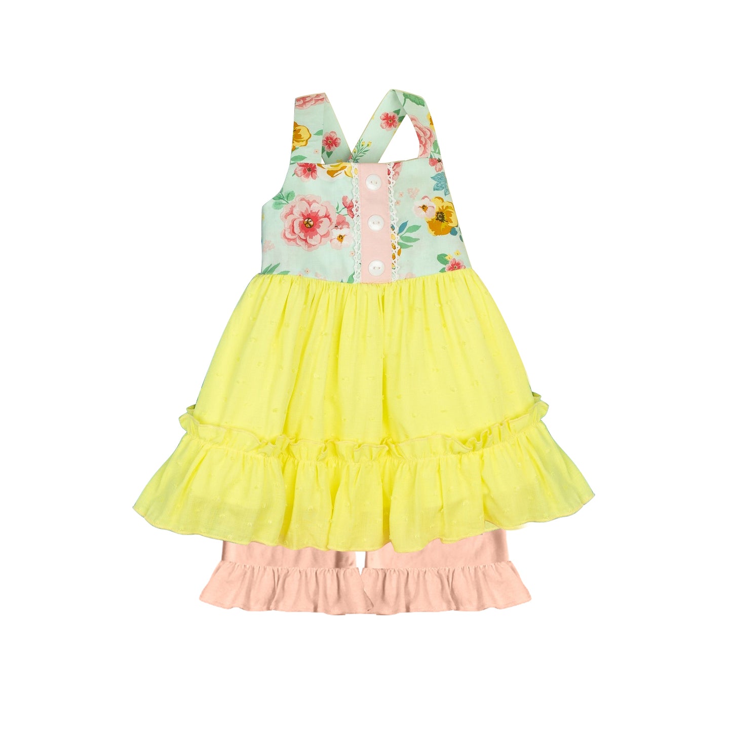 Straps yellow ruffle floral tunic shorts girls summer clothes