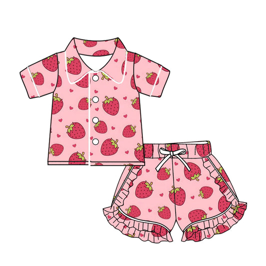 Short sleeves strawberry heart button down girls pajamas