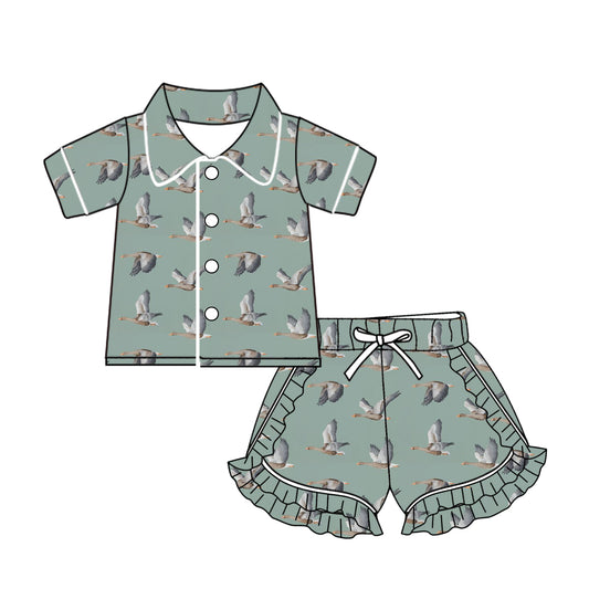 Short sleeves duck print button down ruffle girls pajamas