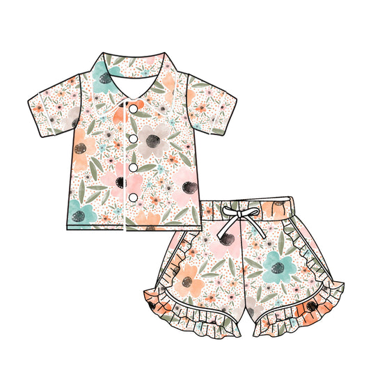 Short sleeves floral button down ruffle girls pajamas