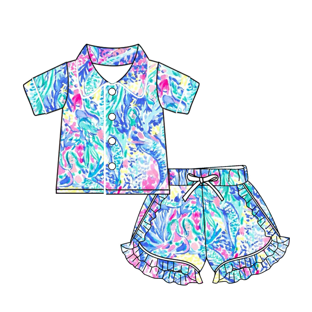 Short sleeves watercolor seaweed button down girls pajamas