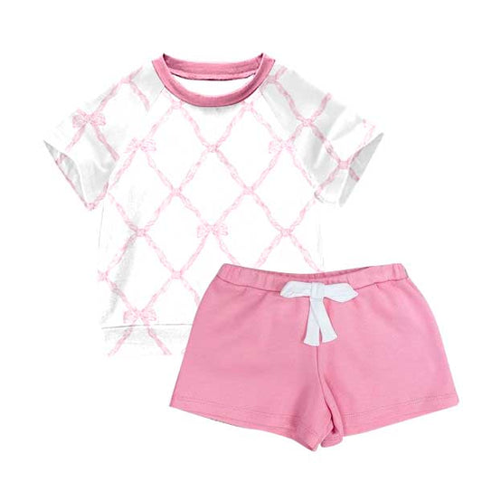 Short sleeves bow top pink cotton shorts girls clothes