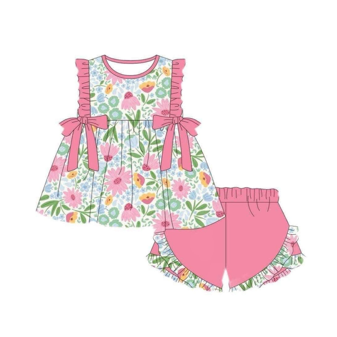 Pink bow ruffle floral tunic shorts girls clothing set