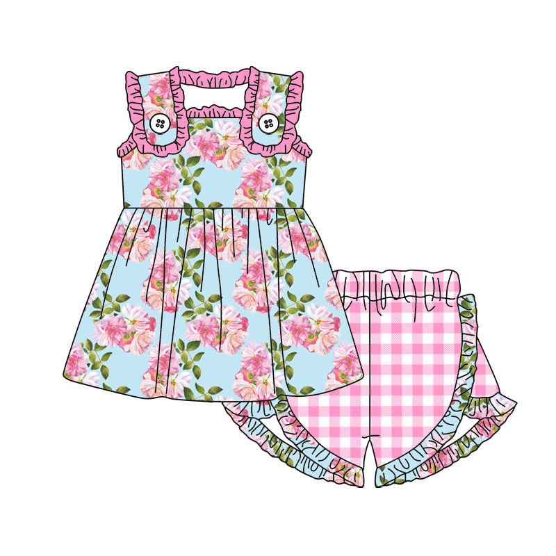 Sleeveless floral tunic plaid ruffle shorts girls clothing set