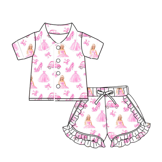 Short sleeves pink bow shoes party girls button down pajamas