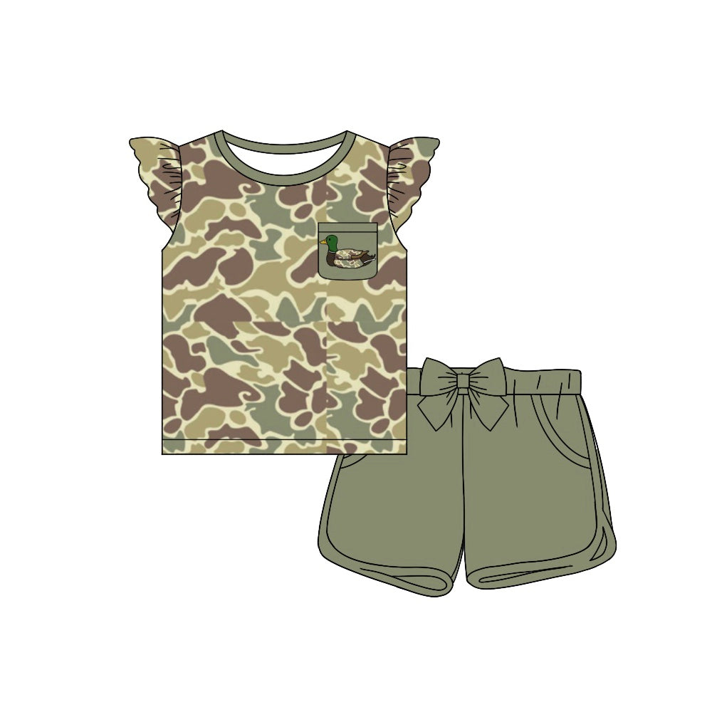 Flutter sleeves duck pocket camo top shorts girls clothes