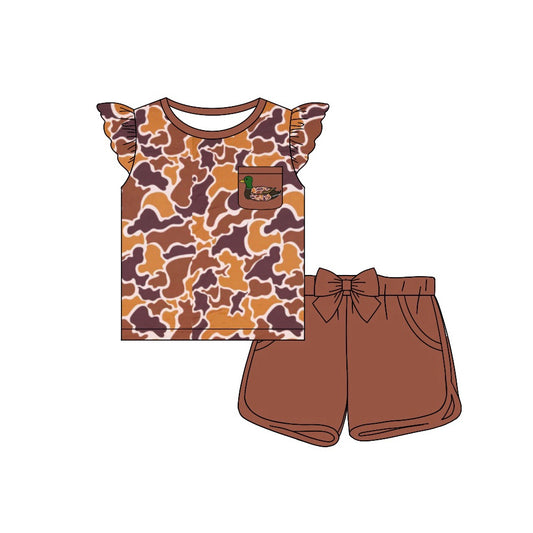 Flutter sleeves brown duck pocket camo top shorts girls clothes