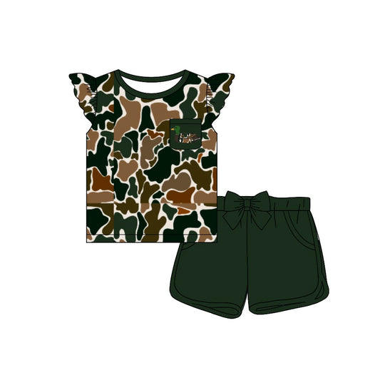 Flutter sleeves dark green duck pocket camo girls clothes