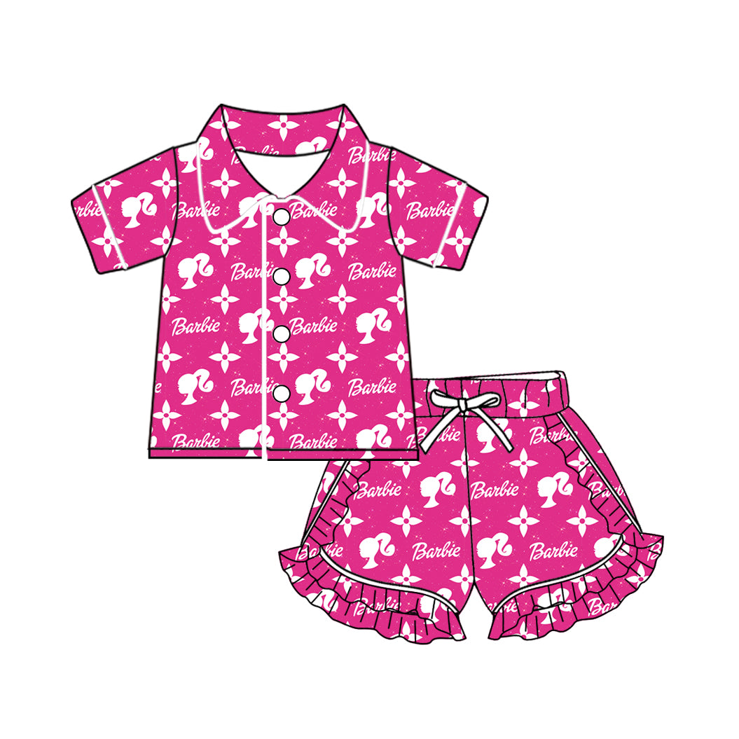 Hot pink ruffle party girls button down pajamas