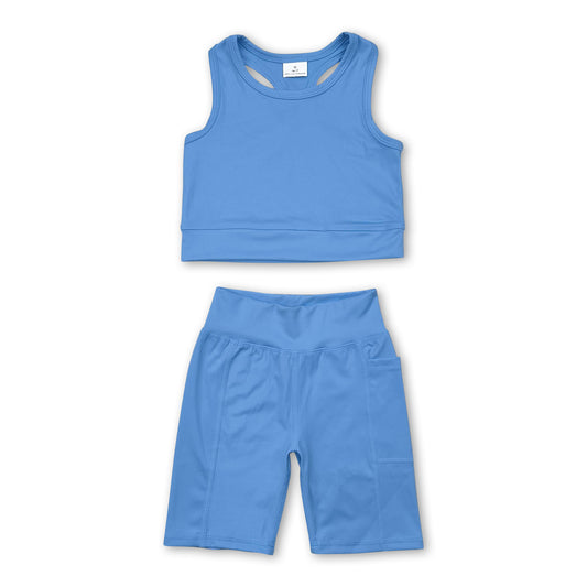 Light blue straps top shorts girls summer yoga clothes