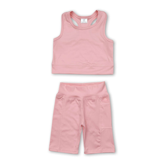 Light pink straps top shorts girls summer yoga clothes