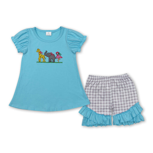 Short sleeves giraffe elephant flamingo top shorts girls clothes