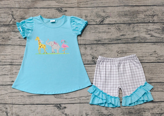 Short sleeves giraffe elephant flamingo top shorts girls clothes