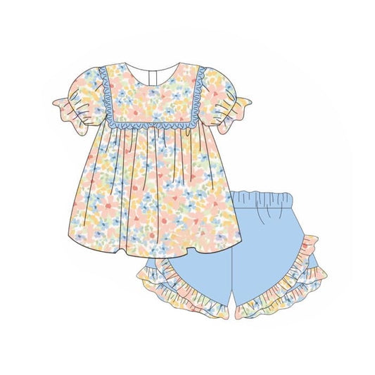 Yellow floral tunic light blue ruffle shorts girls clothes