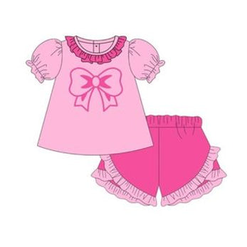 Pink bow short sleeves tunic ruffle shorts girls clothes