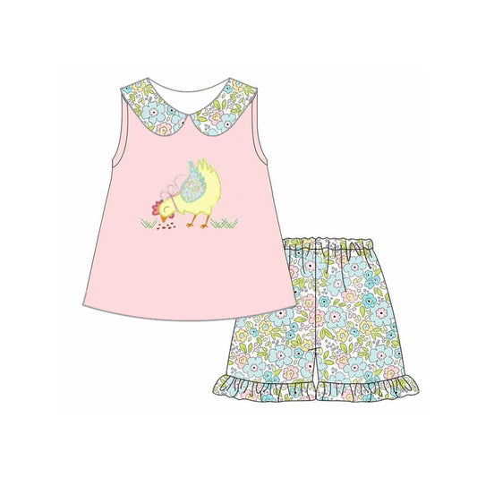 Sleeveless pink chicken floral top ruffle shorts girls clothes