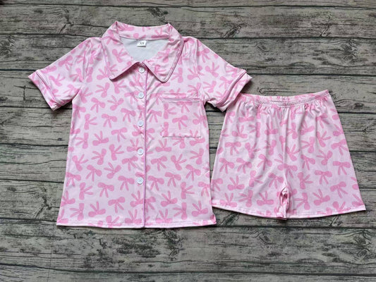 Pink bows adult women summer button down pajamas