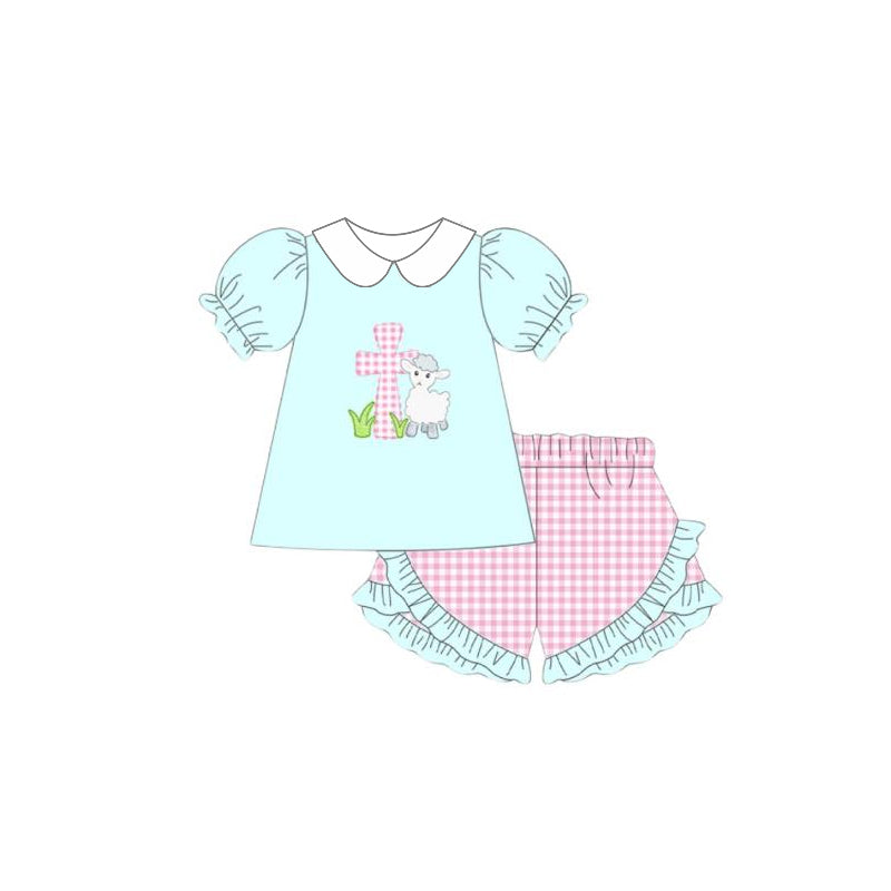 Cross sheep shirt pink plaid shorts kids girls clothes