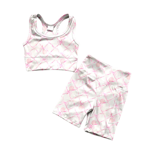 Straps pink bow floral top shorts girls yoga clothes