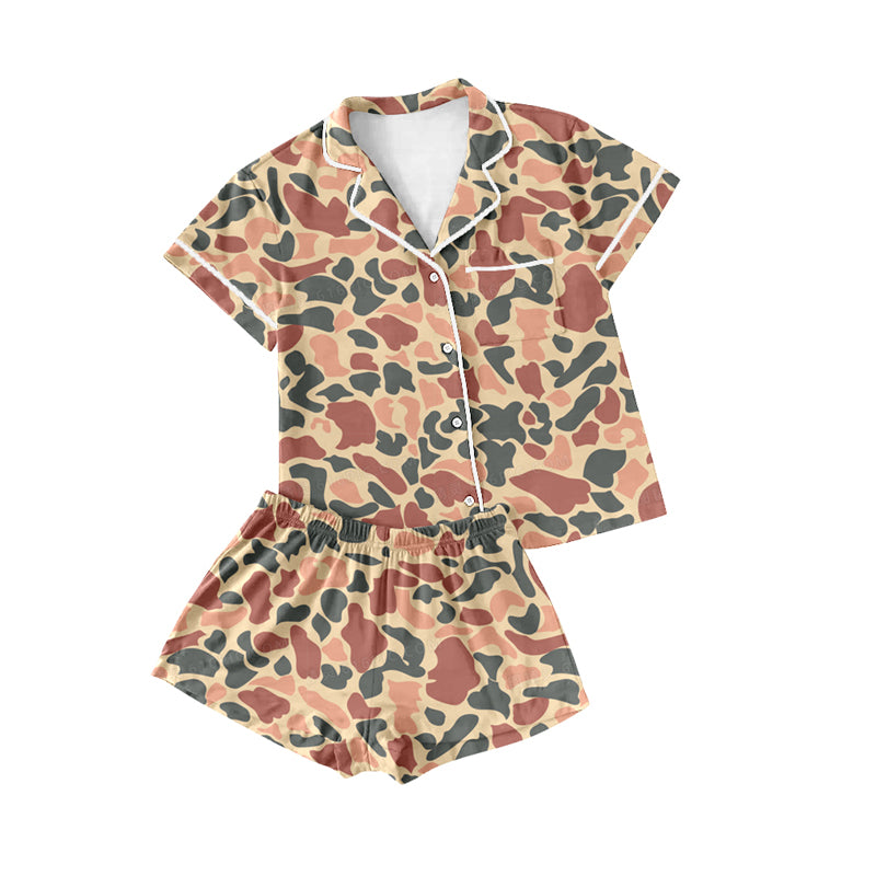 Multi color camo adult women button down pajamas