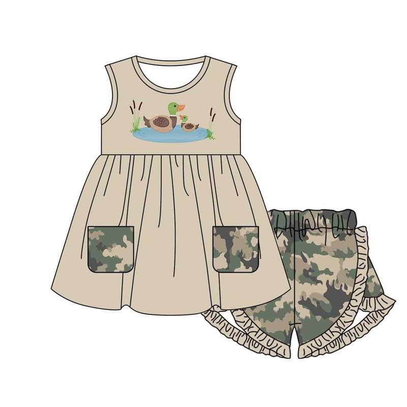 Sleeveless duck pocket tunic camo ruffle shorts girls clothes