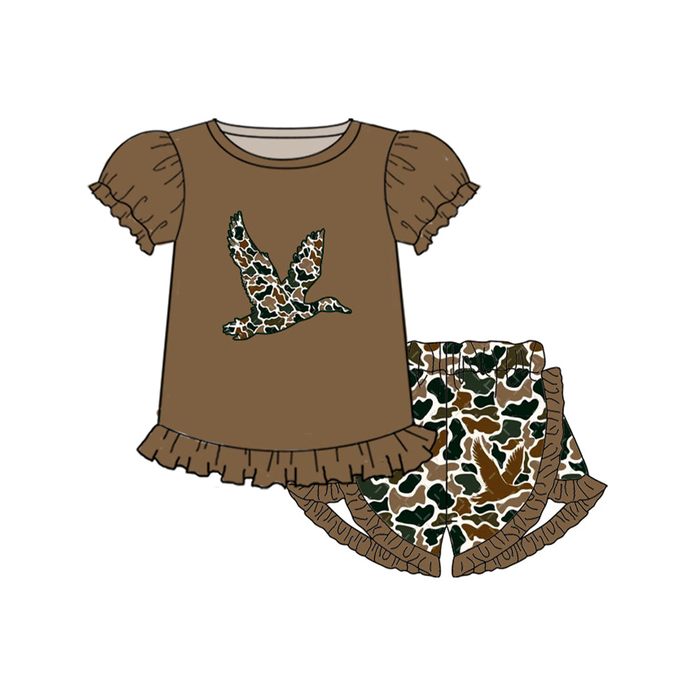 Brown short sleeves camo duck top shorts girls clothes