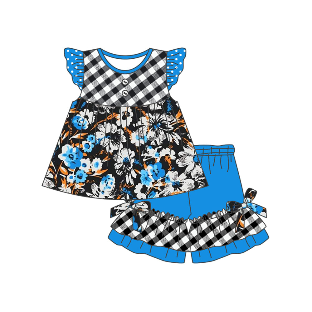 Blue polka dots floral tunic shorts girls clothing set