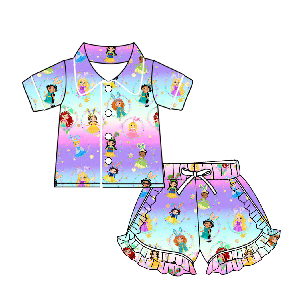 Short sleeves princess bunny girls Easter button down pajamas