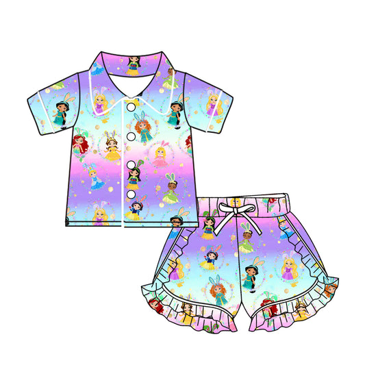 Short sleeves princess bunny girls Easter button down pajamas